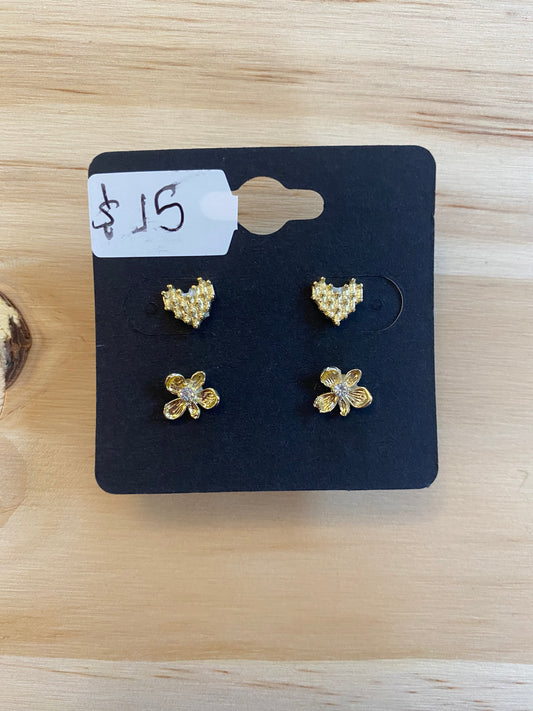 Flower and Heart Stud Earrings Set