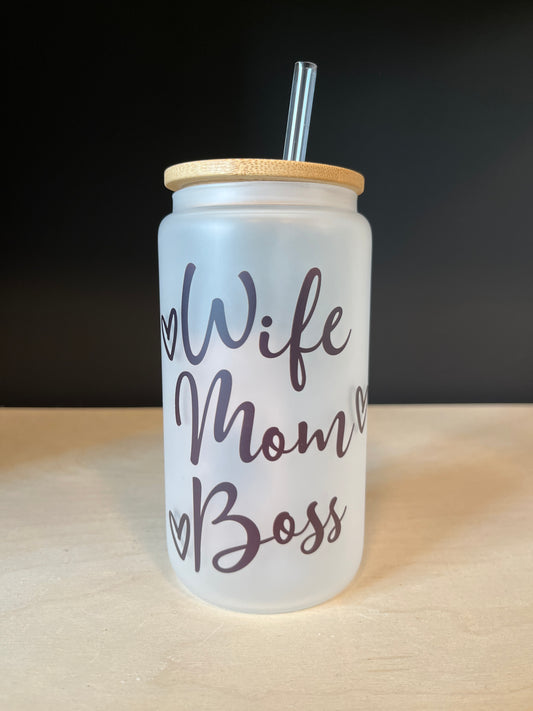 Wife, Mom, Boss Frosted Glass Tumbler